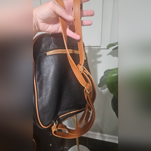 VALENTINA Leather Sling Triple Compartment Bookbag In Black With Tan Trim. - Picture 4 of 16